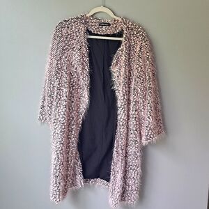 Nine West Pink Black Fuzzy Tweed Open Coatigan Womens 1X
